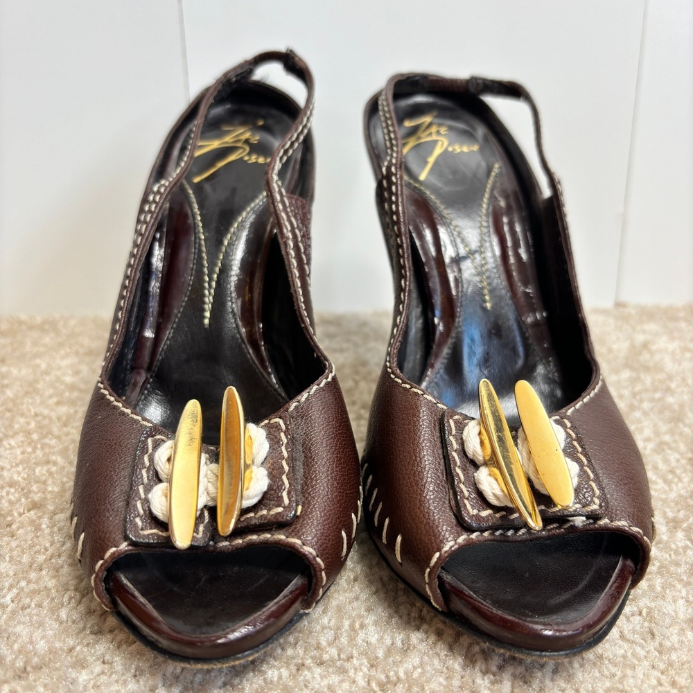 Zac Posen Brown Leather Peep Toe Slingback Y2K Striped Heels Size 7 - Picture 3 of 13